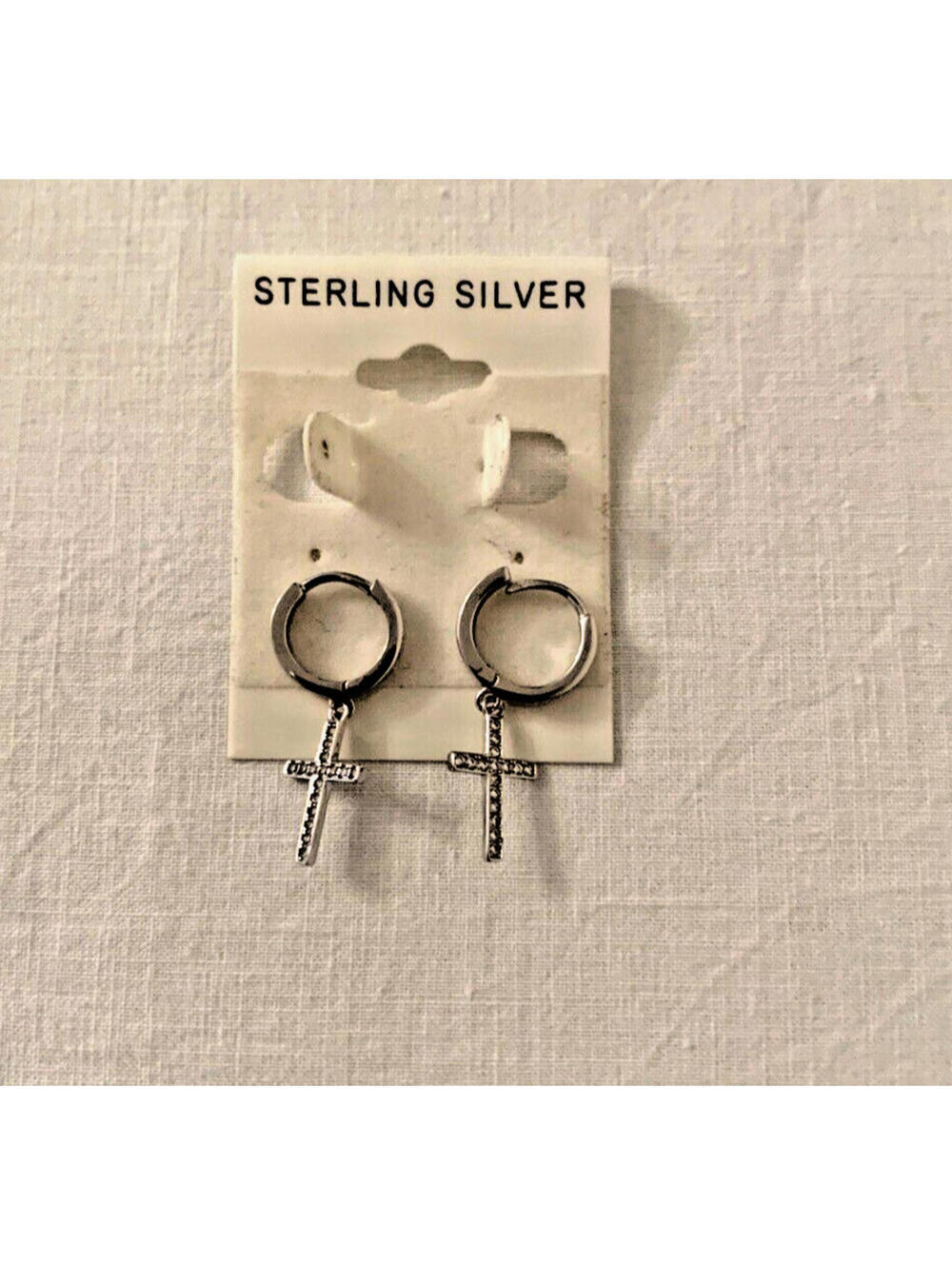 925 Sterling Silver Cubic Zirconia Cross Hoop Earring - NEW
